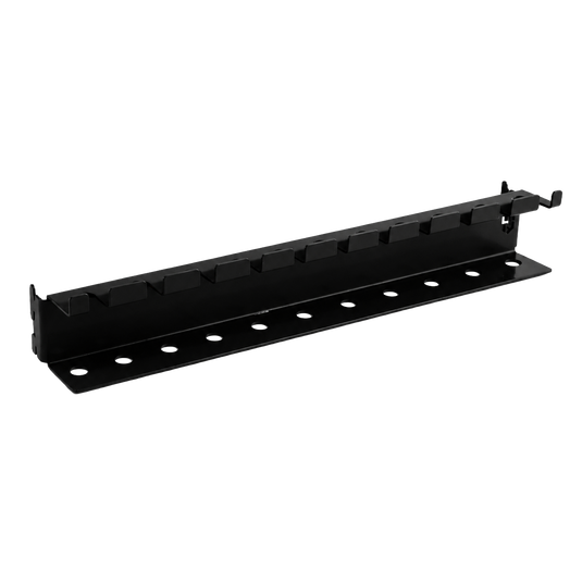 Black metal wall mount bracket on a white background