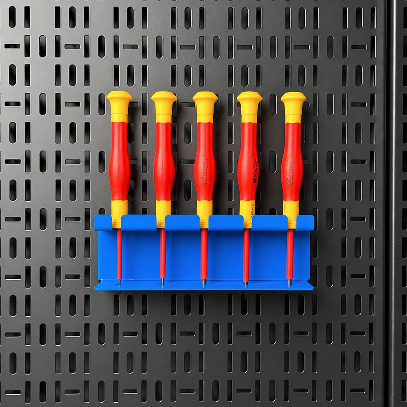 Load image into Gallery viewer, Set of screwdrivers with red and yellow handles on a blue holder against a black pegboard background.
