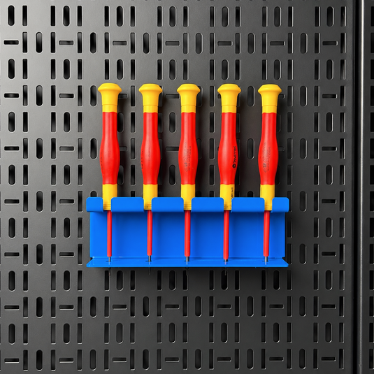 Set of screwdrivers with red and yellow handles on a blue holder against a black pegboard background.