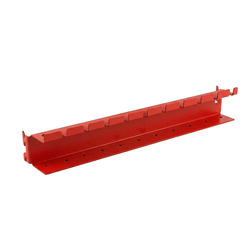 Load image into Gallery viewer, Red metal shelf with hooks on a white background
