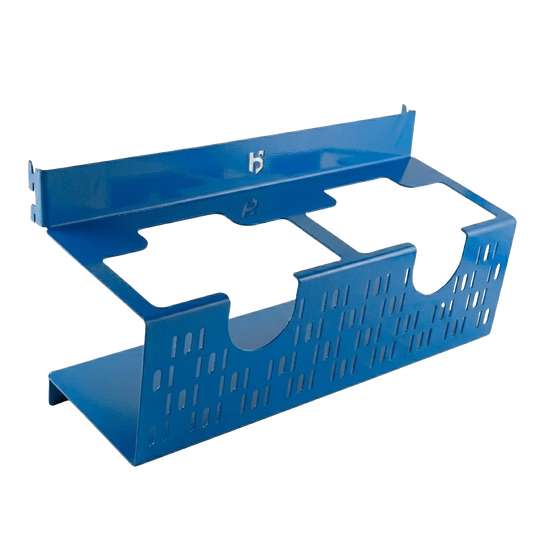 Blue metal shelf with cutouts on a white background