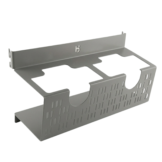 Gray metal bracket with cut-out design on a white background