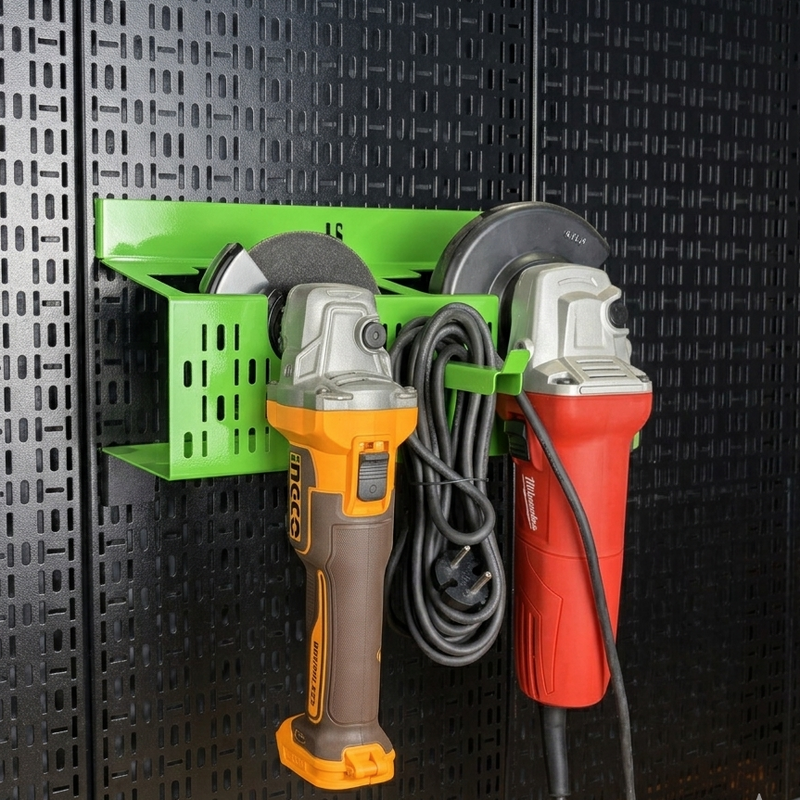 Load image into Gallery viewer, Wall-mounted tool organizer holding two angle grinders against a black patterned wall.
