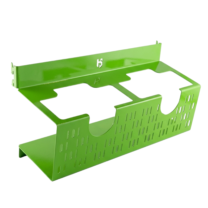 Load image into Gallery viewer, Green metal shelf with cutouts on a white background
