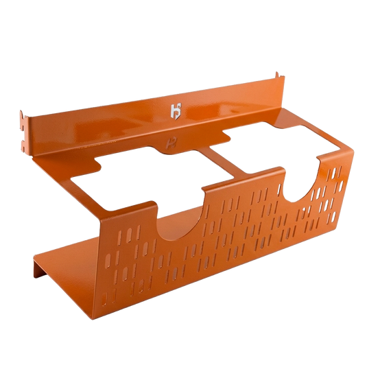 Orange metal wall-mounted shelf on a white background