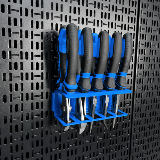 Set of pliers in a blue holder against a black pegboard background