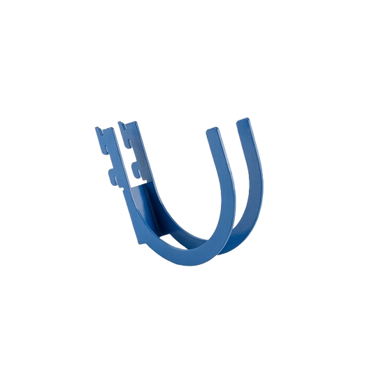 Blue U-shaped metal bracket on a white background