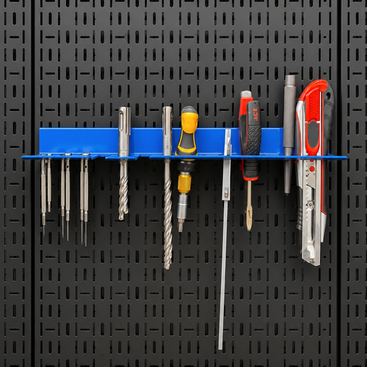 Set of screwdrivers and drills on a blue holder against a black pegboard background