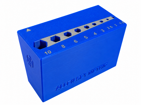 A blue Allen-Key-Metric tool with a series of hexagonal openings and numeric labels (10, 8, 6, 5, 4, 3, 2, 1.5) on a white background.