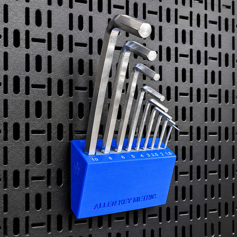 Load image into Gallery viewer, A set of Allen key metric wrenches in a blue holder, mounted on a black perforated pegboard. The Allen keys have silver metal shafts and hexagonal heads, with size markings 10, 8, 6, 4, 3, 2, 1.
