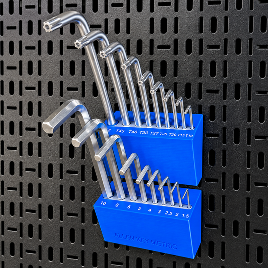 A set of Allen keys in varying metric sizes, displayed in a blue plastic holder on a black perforated pegboard wall. The keys are made of polished silver metal.
