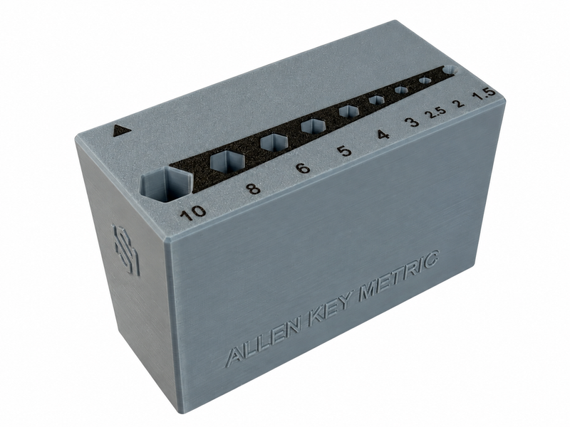 Load image into Gallery viewer, A gray plastic Allen Key Metric tool box with numbered slots from 1.5 to 10 on top, shown on a plain white background.
