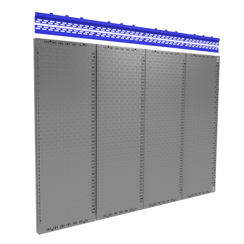 Load image into Gallery viewer, Metal pegboards with blue top rail on a white background
