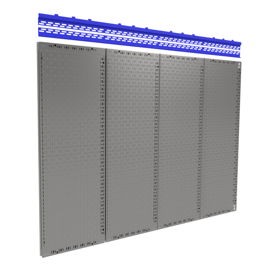 Metal pegboards with blue top rail on a white background