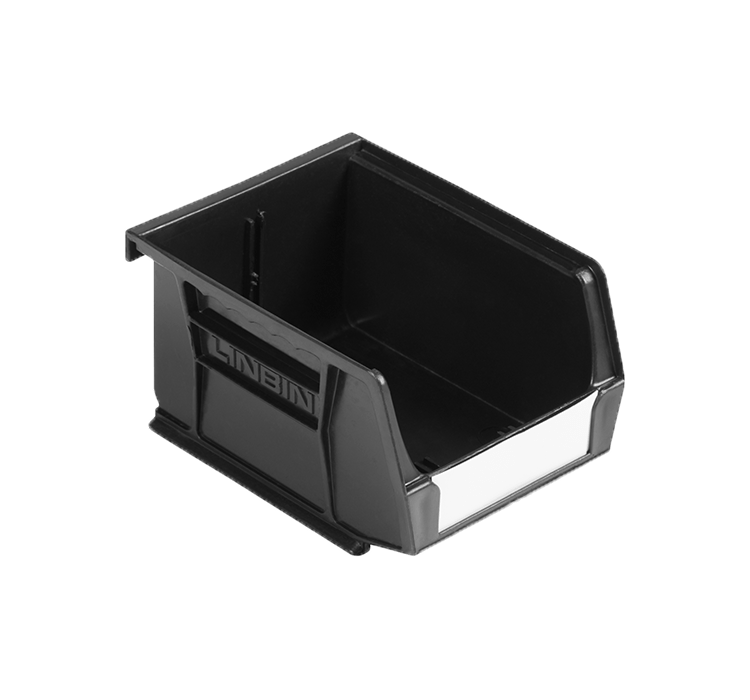 Load image into Gallery viewer, A black plastic storage bin with a white label slot on the front, shown on a solid green background. The brand name 'LINBIN' is embossed on the front panel.
