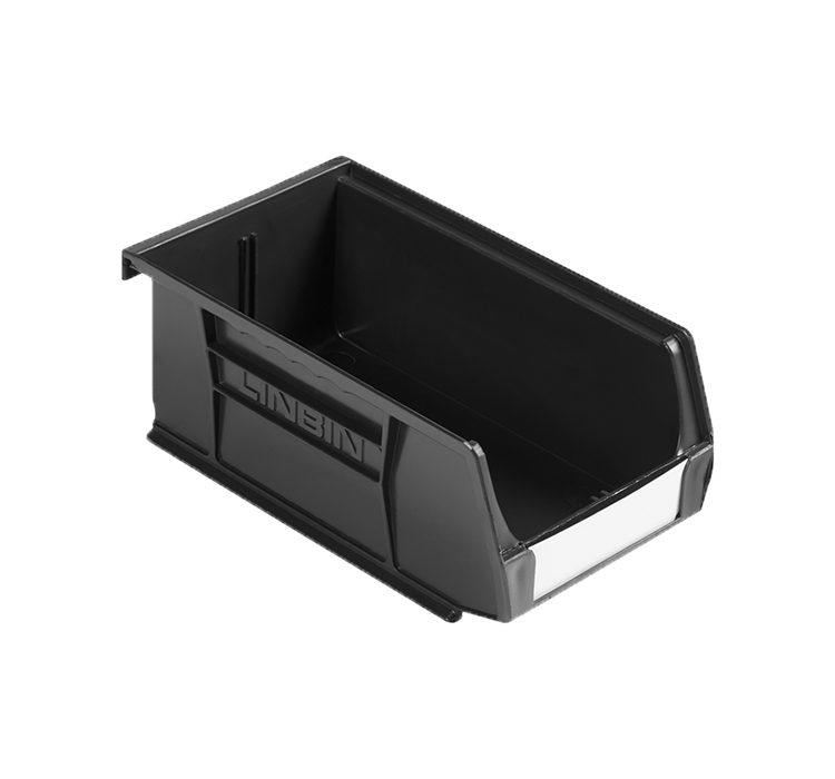 Load image into Gallery viewer, A black plastic storage bin with a white label slot on the front, shown on a solid green background. The brand name 'LINBIN' is embossed on the side.
