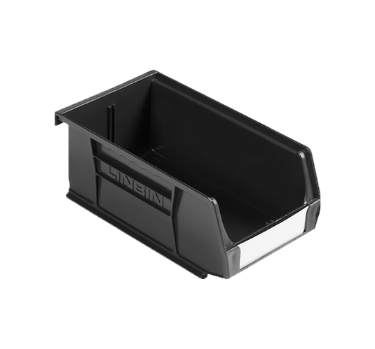 A black plastic storage bin with a white label slot on the front, shown on a solid green background. The brand name 'LINBIN' is embossed on the side.