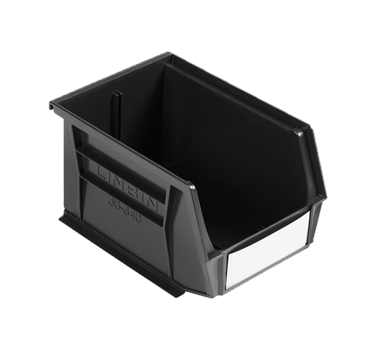Black plastic storage bin with a white label area on the front, shown on a solid green background.