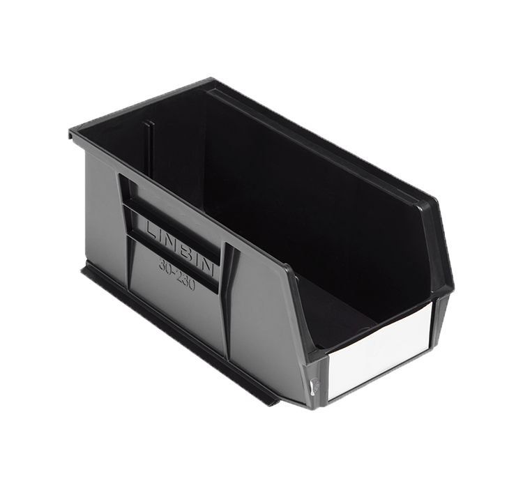 Load image into Gallery viewer, A black plastic storage bin with a slanted front and side label slot, shown on a solid green background. The brand name 'LINTEIN' is embossed on the side.
