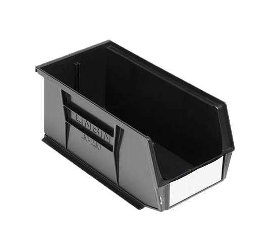 A black plastic storage bin with a slanted front and side label slot, shown on a solid green background. The brand name 'LINTEIN' is embossed on the side.