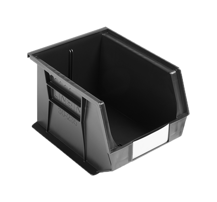 Load image into Gallery viewer, Black plastic storage bin with a slanted front and side, shown at an angle on a white background with a black bar at the top.
