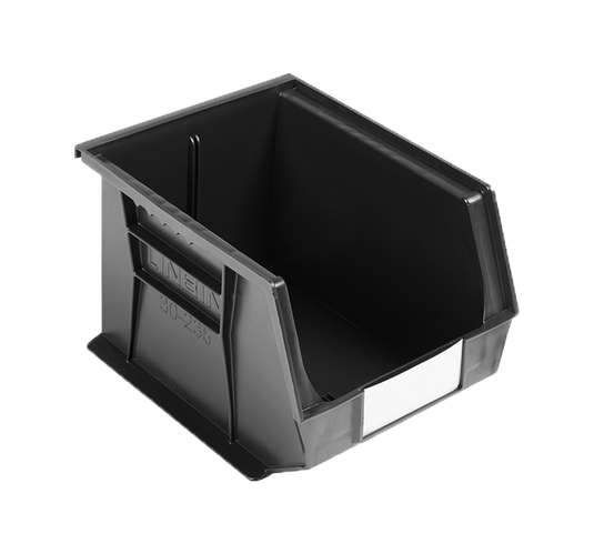 Black plastic storage bin with a slanted front and side, shown at an angle on a white background with a black bar at the top.