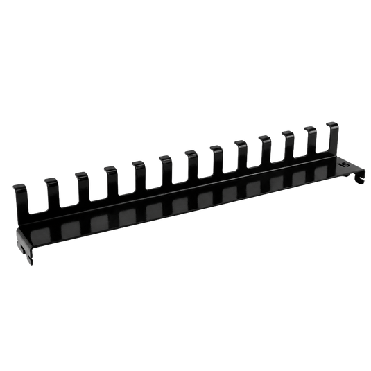 Black metal rod holder with multiple slots on a white background