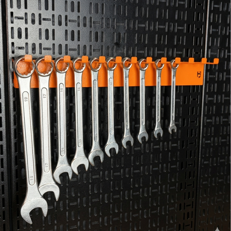 Load image into Gallery viewer, Set of wrenches with orange handles on a black pegboard
