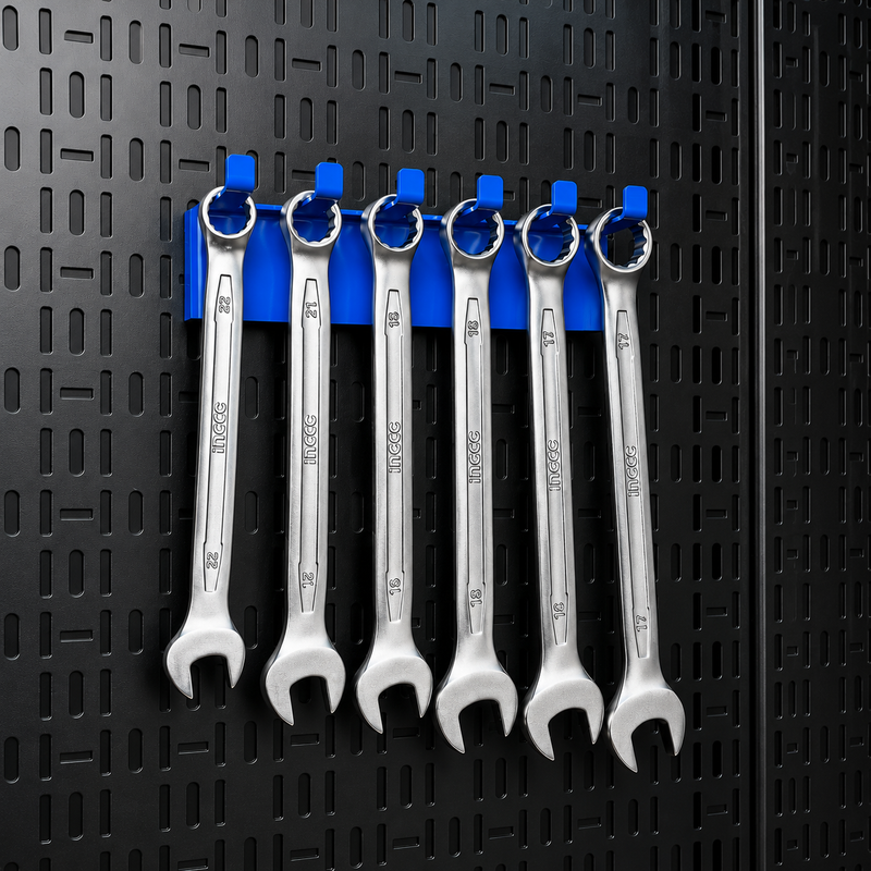 Load image into Gallery viewer, Set of wrenches on a blue hook against a black pegboard background
