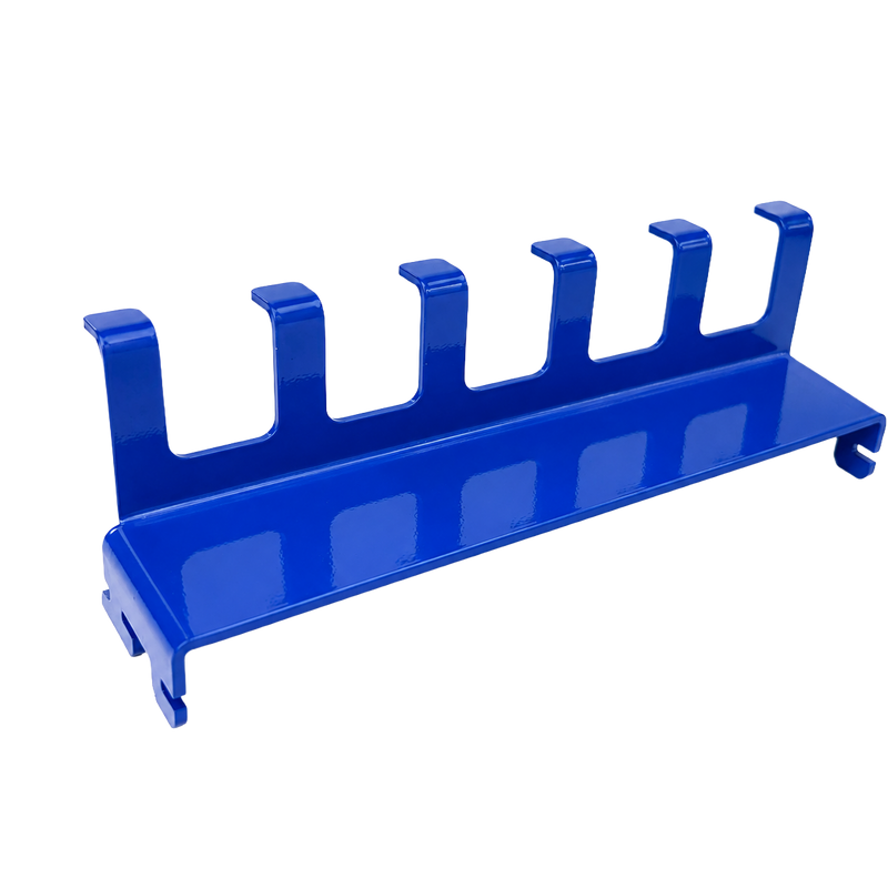 Load image into Gallery viewer, Blue metal rack with multiple hooks on a white background
