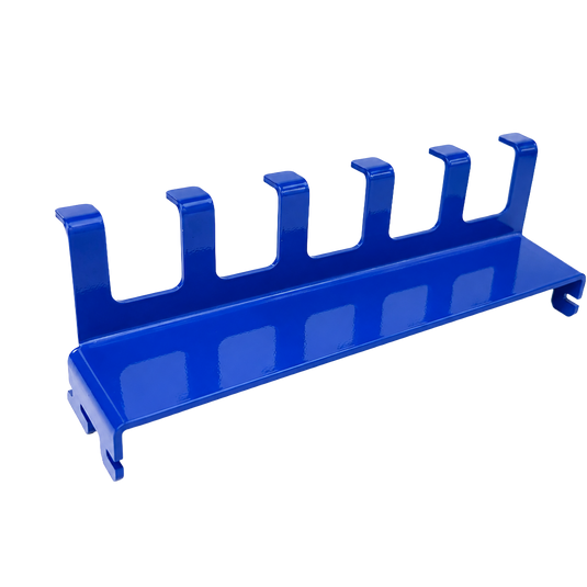 Blue metal rack with multiple hooks on a white background