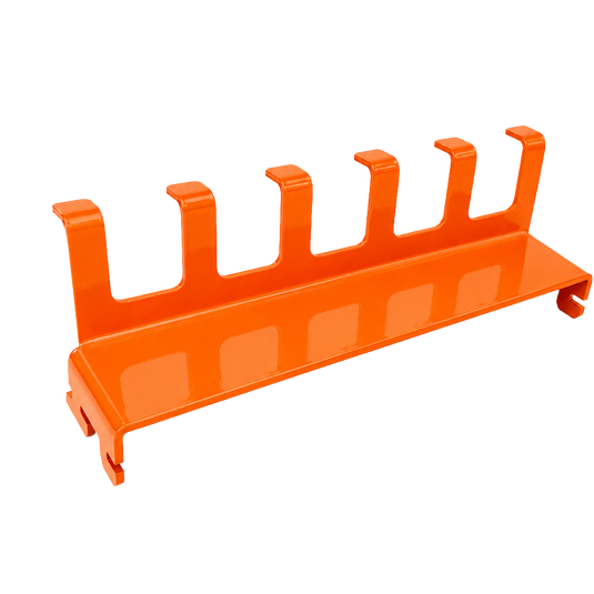 Orange metal rack with multiple slots on a white background