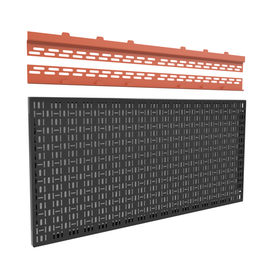 black pegboard panel with orange mounting hardware