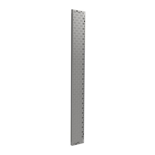 Metal pegboard panel on a white background