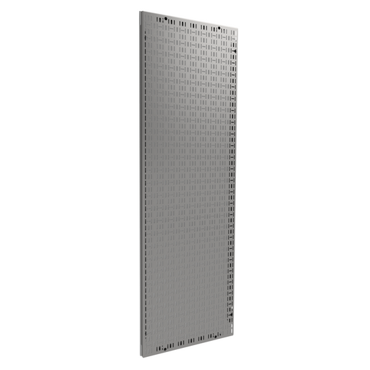 Metal pegboard panel on a white background