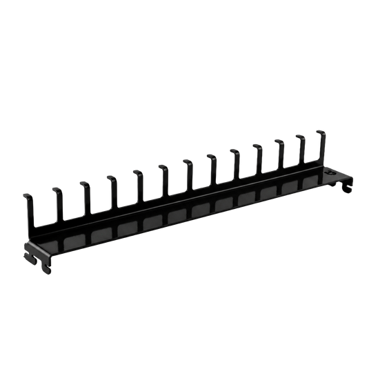 Black metal holder with multiple hooks on a white background