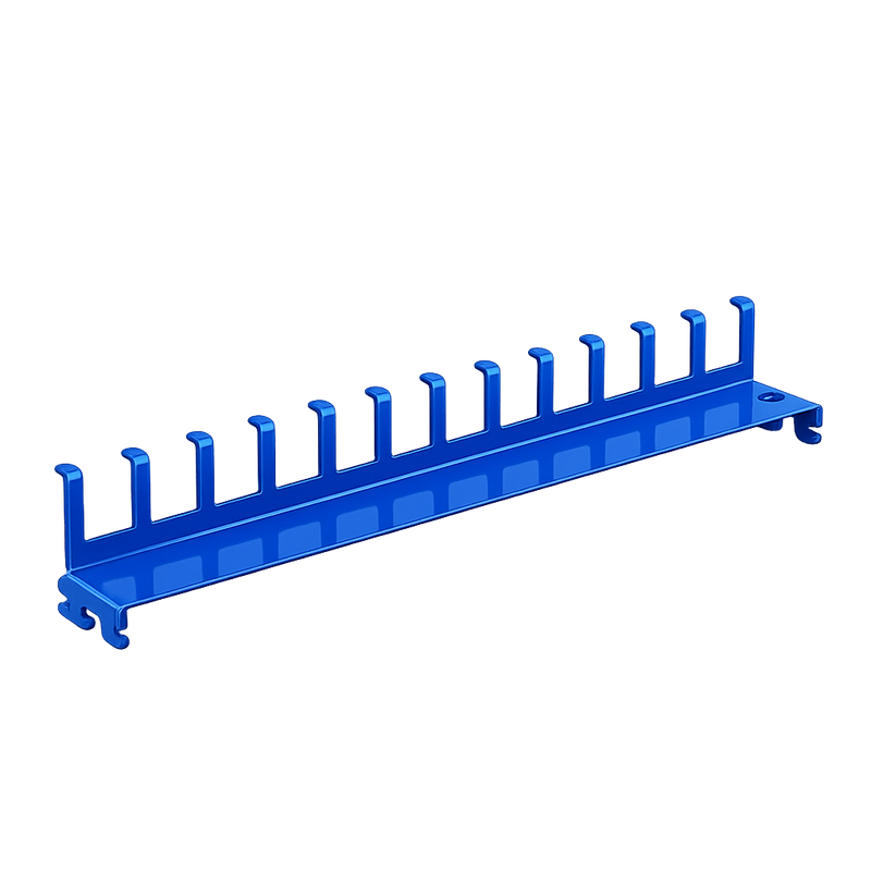 Load image into Gallery viewer, Blue metal rack with multiple hooks on a white background
