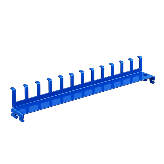 Blue metal rack with multiple hooks on a white background
