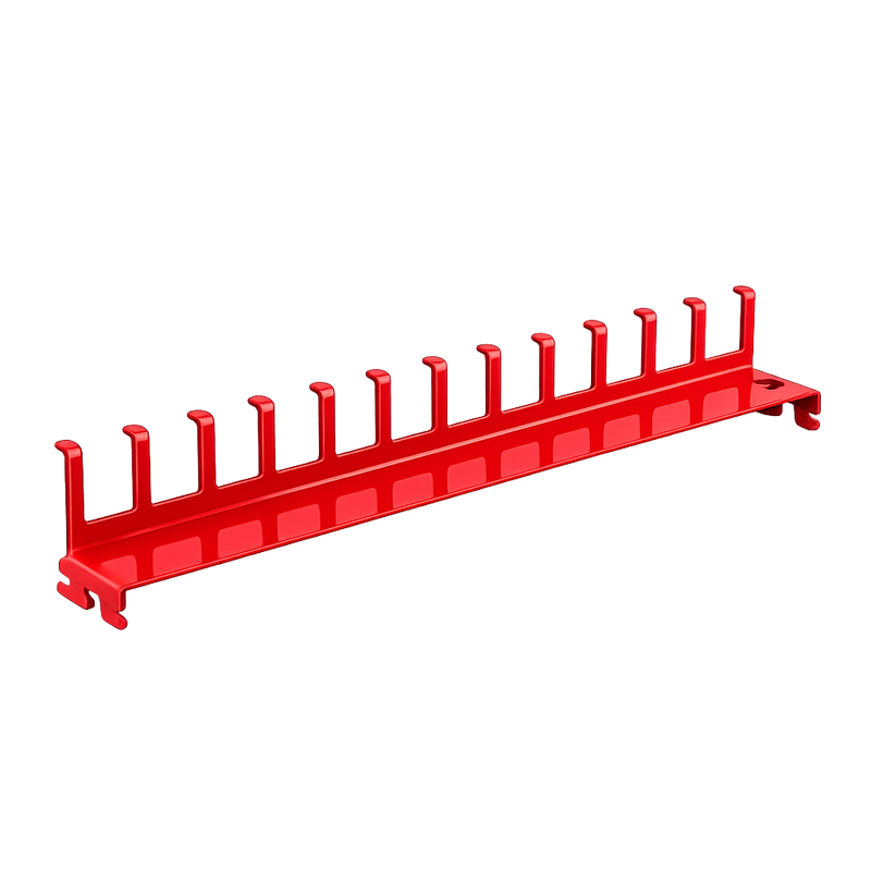 Load image into Gallery viewer, Red metal tool holder with multiple slots on a white background
