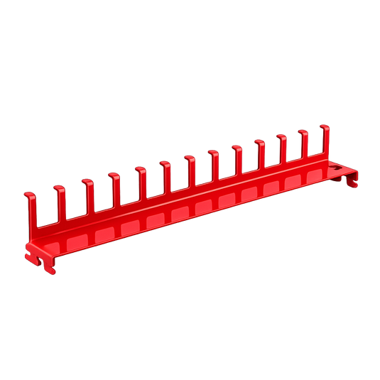 Red metal tool holder with multiple slots on a white background