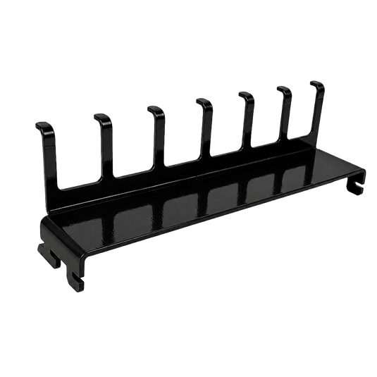 Black metal rack with multiple slots on a white background