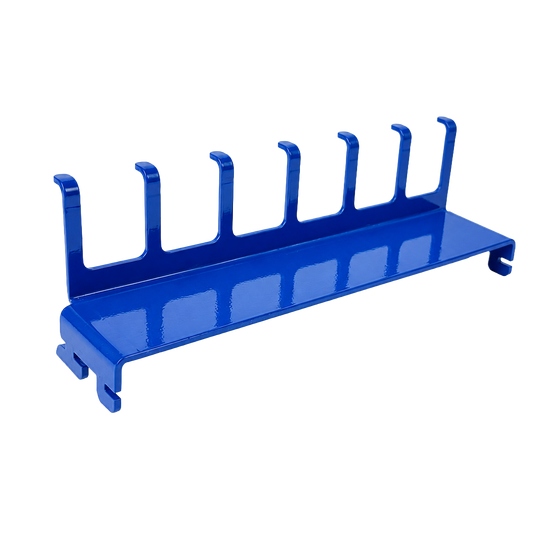 Blue metal boot rack with multiple hooks on a white background