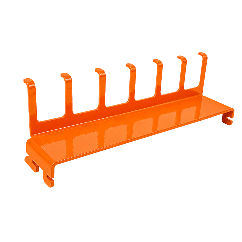 Load image into Gallery viewer, Orange metal rack with multiple hooks on a white background
