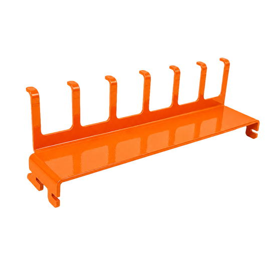 Orange metal rack with multiple hooks on a white background