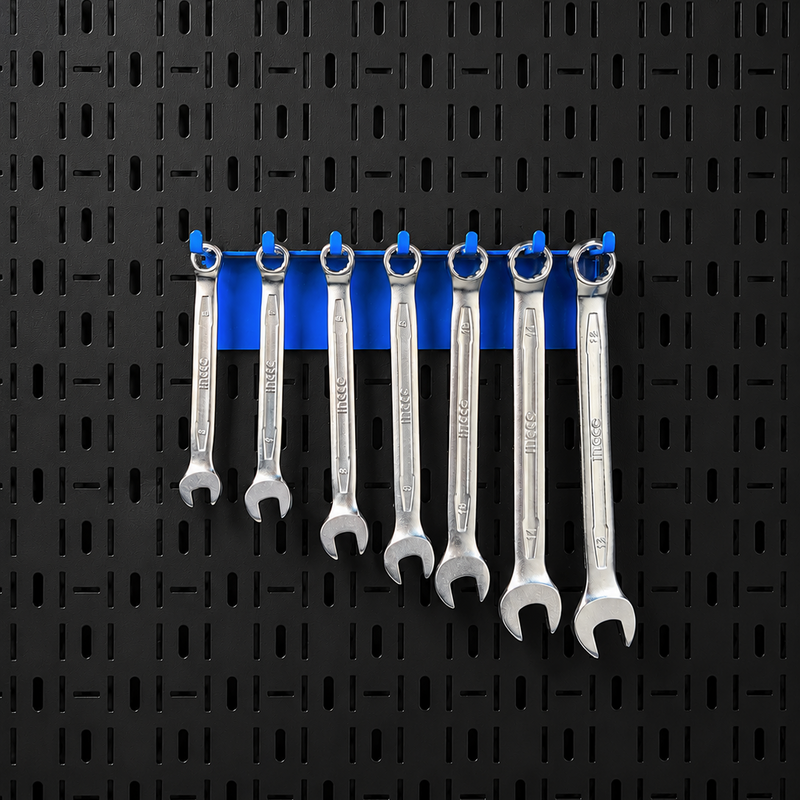 Load image into Gallery viewer, Set of wrenches on a blue holder against a black pegboard background
