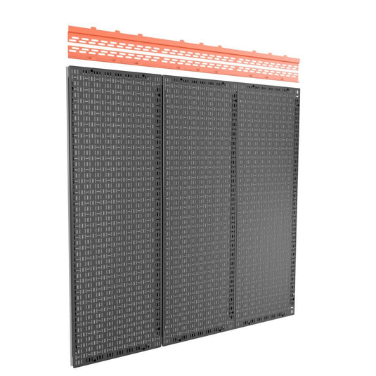Black metal pegboard with orange top strip on a white background