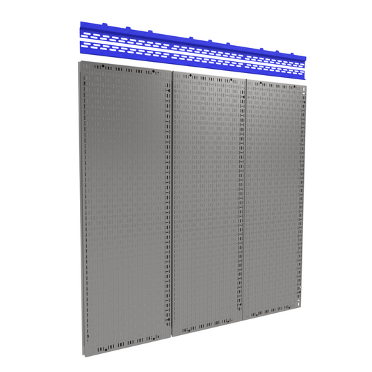 Metal pegboard with blue top strip on a white background