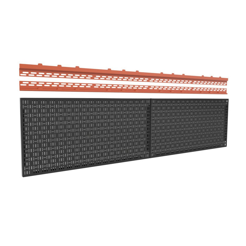Load image into Gallery viewer, black powder coated pegboard with orange mounting hardware 
