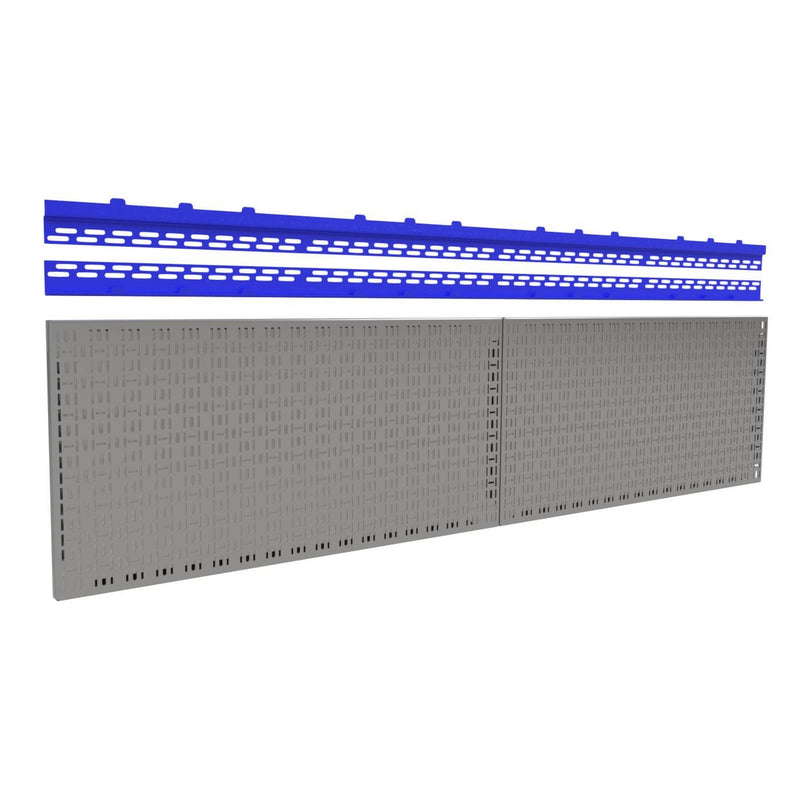 Load image into Gallery viewer, Galvanized pegboard with blue mounting hardware 
