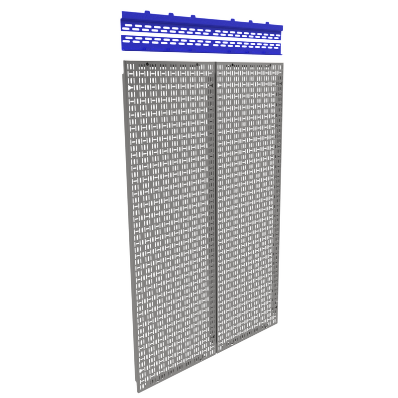 Load image into Gallery viewer, Metal pegboard with blue top strip on a white background

